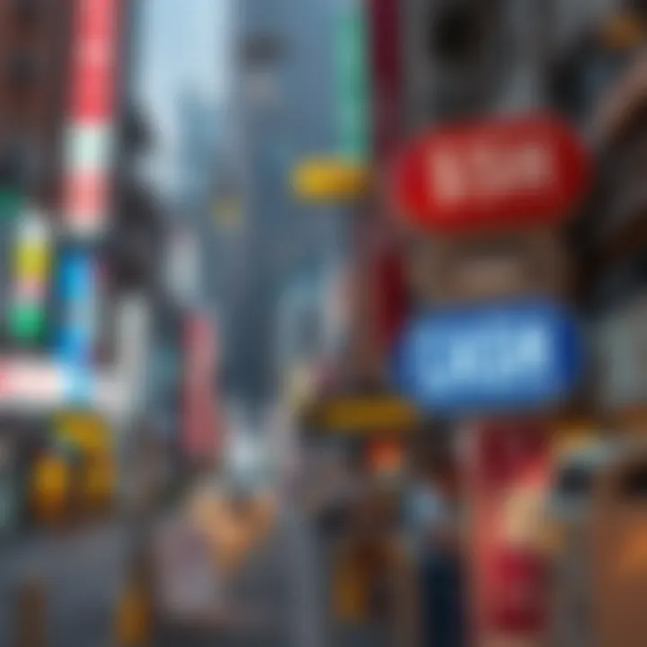 A city landscape with cash exchange signage