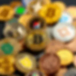 A digital representation of various cryptocurrencies showcasing their logos and symbols