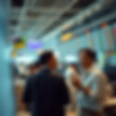 A bustling trading floor with brokers engaged in lively discussions