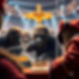 A digital representation of an ape auction event showcasing various crypto artworks.