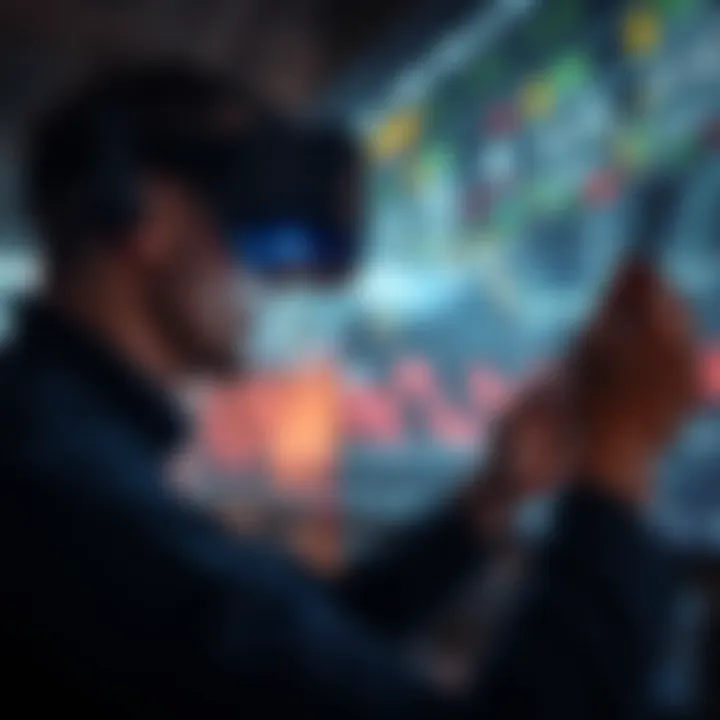 Investor immersed in a VR environment engaging with financial data