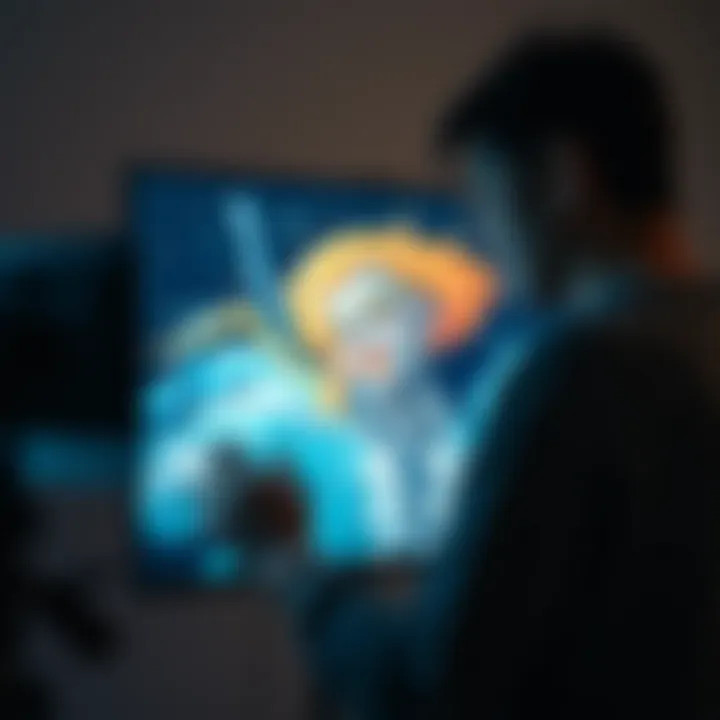 An artist interacting with their digital artwork on a screen