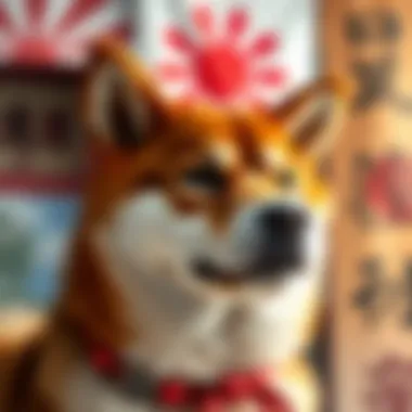 An artistic representation of the Shiba Inu with prominent cultural symbols of Japan