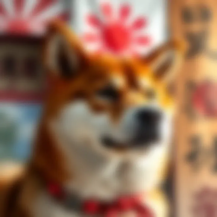 An artistic representation of the Shiba Inu with prominent cultural symbols of Japan