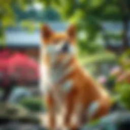 A Shiba Inu posing gracefully in a serene Japanese garden